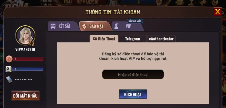 Kích hoạt bảo mật đa tầng an toàn cho người chơi.