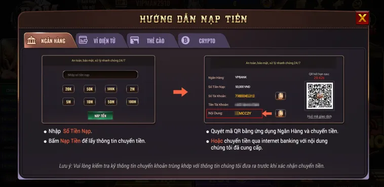 Nạp tiền bằng tài khoản ngân hàng nội địa hỗ trợ mọi liên kết  - tiền về tài khoản chỉ tỏng 5 phút.